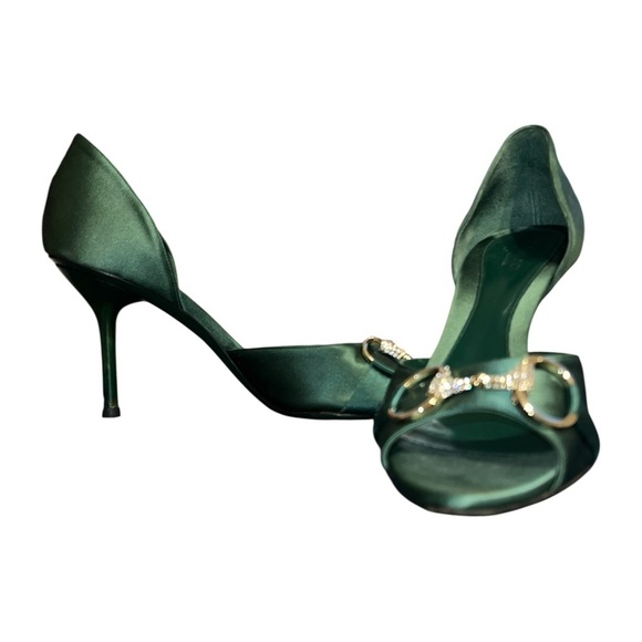 Gucci Emerald Green Satin Peep-Toe Stiletto Heels – Size 7.5 - Picture 6 of 10